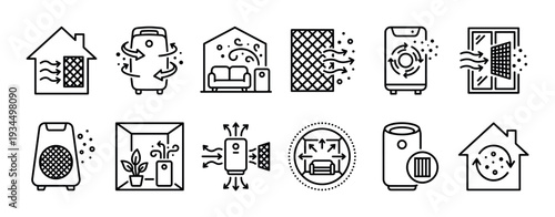 Comprehensive set of air quality icons illustrating ventilation, filtration, and purification systems for home and device use, rendered in a clean outline style