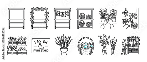 Various line art icons depicting Easter farm stand elements, including decorated stalls, baskets of eggs, spring flowers, and people shopping, rendered in a clean, minimalist style
