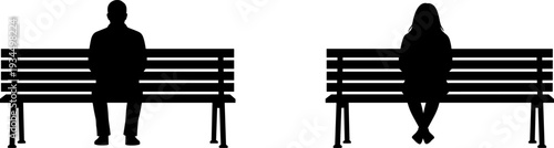 Man and woman sitting apart on benches, relationship distance concept isolated on white background, flat vector illustration