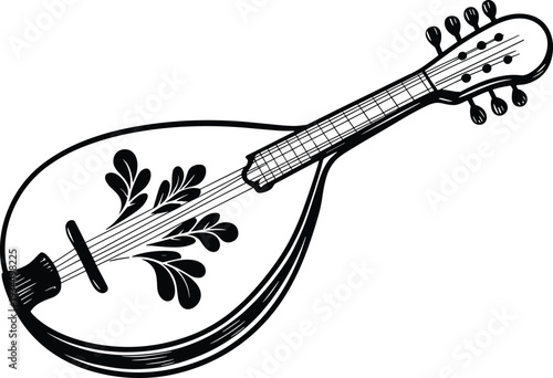 Vintage mandolin illustration, black and white string instrument sketch isolated on white background, traditional folk music engraving style artwork