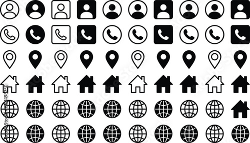 Solid and Outline Contact and Location Icons Set with User Profile, Phone Call, Map Pin, Home and Globe Symbols