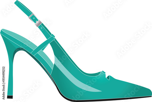 Turquoise sling backs heels side view vector illustration. Stylish high heels. 