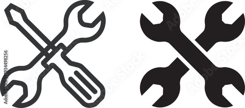 Black maintenance tool icons set with hammers, wrenches, screwdrivers, gears, and pliers, construction hardware symbols, diy home improvement vector illustration, mechanical repair equipment.