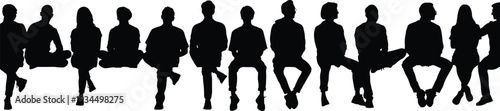 Flat vector silhouette illustration of diverse people sitting in row, casual posture, human form, community lifestyle, minimal design, interaction art