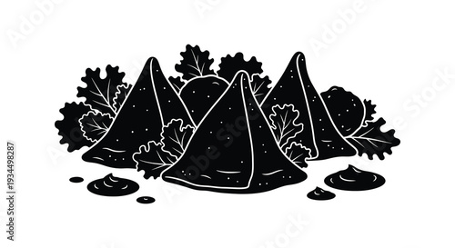 A striking black silhouette depicts several triangular samosas surrounded by leafy greens and dipping sauces silhouette high quality