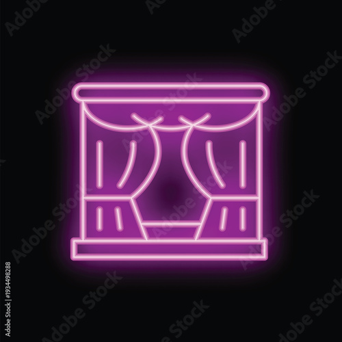 Neon sign depicting a stage with a closed curtain, glowing in vibrant pink against a dark backdrop, evokes the anticipation and excitement of a theatrical performance