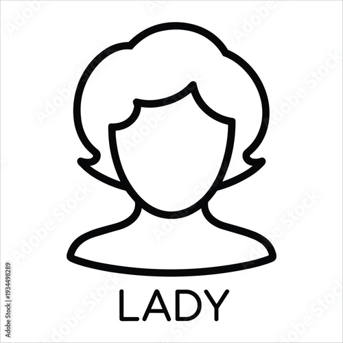 Stylized outline icon of a woman's head and shoulders with text Keywords: lady, woman, female, person, silhouette, head