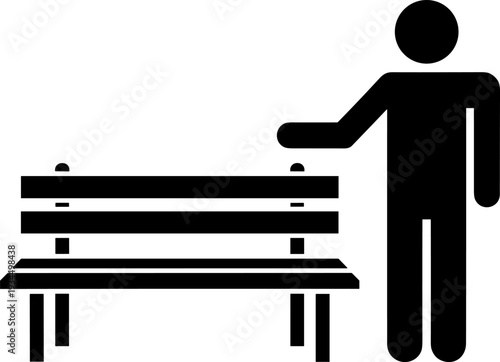 Man standing next to park bench silhouette, outdoor public seating icon isolated on white background, flat vector illustration