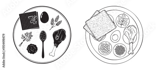 Traditional Jewish Seder plate with symbolic Passover foods isolated black silhouette illustration