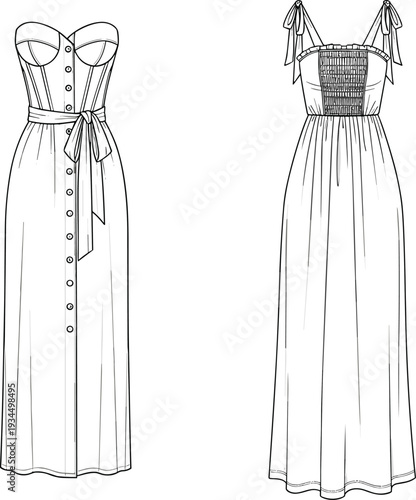 Elegant women maxi dress technical fashion flat sketch with button front belt and tie straps isolated vector illustration