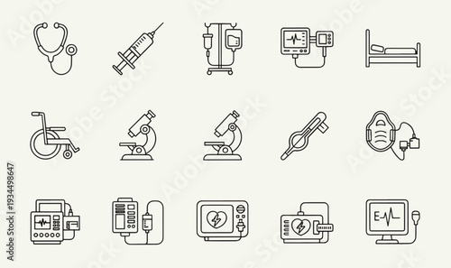 Premium Medical Equipment  ICU Tools Icon Pack - 15 Minimalist Line Art Graphics for Hospital Care, Laboratory Instruments  Emergency UI Assets