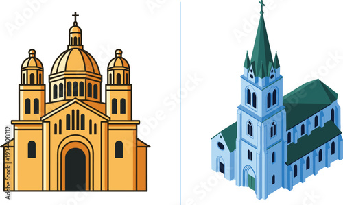 Christian Church Buildings Set with Golden Cathedral Facade and Blue Gothic Chapel Architecture Vector Illustration Isolated on Light Background