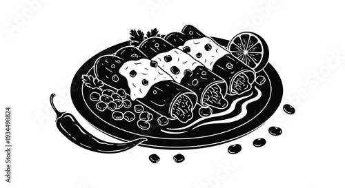 A detailed black and white illustration depicts enchiladas served on a plate with various garnishes a striking silhouette high quality