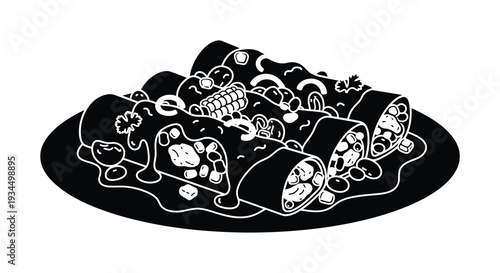 A striking black and white illustration depicts rolled sushi pieces arranged on a circular plate a bold silhouette high quality