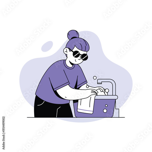 Flat vector illustration of a person washing clothes by hand in a sink with soap and water