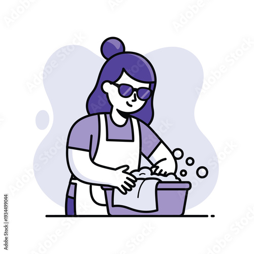 Ilustrasi vektor seorang wanita muda mencuci pakaian dengan tangan di bak, menggambarkan tugas rumah tangga.