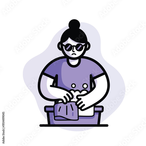 Ilustrasi wanita muda mencuci pakaian dengan tangan, rutinitas rumah tangga yang melelahkan.