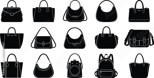 Fashion handbag and backpack silhouette collection, stylish women bags set, modern purse accessory design vector illustration