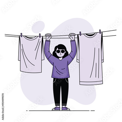 Ilustrasi Wanita Muda Menggantung Pakaian di Jemuran, Kegiatan Rumah Tangga Sehari-hari