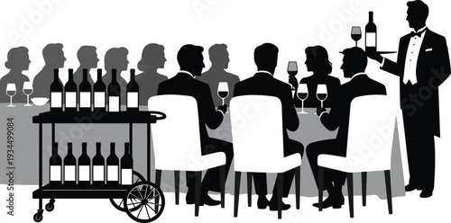 Flat vector silhouette illustration of formal wine tasting event, people dining, waiter serving wine, elegant dinner, social gathering, celebration design
