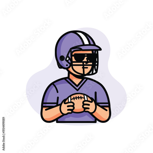 Ilustrasi Pemain Sepak Bola Amerika dalam Gaya Kartun dengan Helm Ungu dan Bola