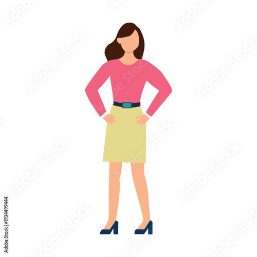 Confident cartoon woman in pink shirt yellow skirt blue heels posing with hands on hips