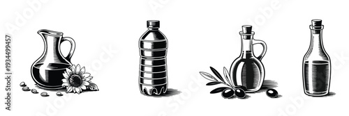 Oil Bottles Vector Icons Set, Featuring Various Bottles and Containers, Perfect for Cooking, Kitchen, Culinary, and Food-Related Design Projects.