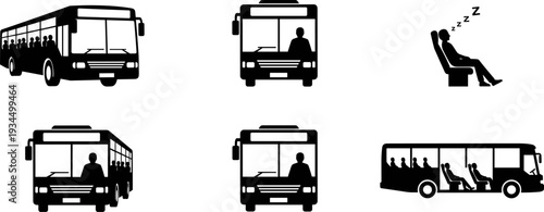 Bus transportation silhouettes set, public transit vehicle with passengers isolated on white background, flat vector illustration design