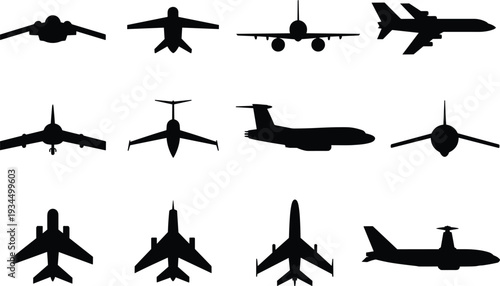 Airplane silhouettes collection, commercial passenger aircraft vector set, isolated black aviation transport illustration bundle