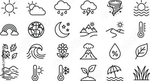 Modern Thin Line Weather and Climate Icons Set with Sun, Rain, Storm, Temperature, Nature and Seasonal Forecast Symbols