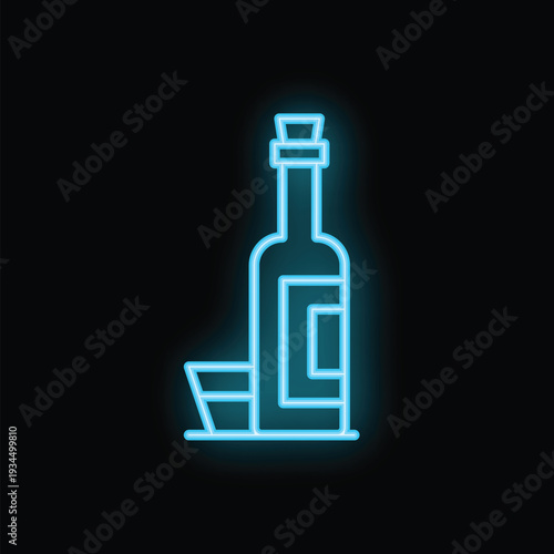 Neon sign of a bottle and glass shining on a black background, perfect for bar, pub, or restaurant advertisement
