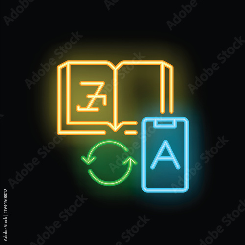 Colorful neon icon representing language exchange between a dictionary and a smartphone, symbolizing translation and learning