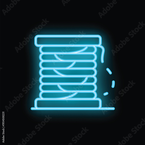 Blue glowing neon line thread spool icon isolated on black background