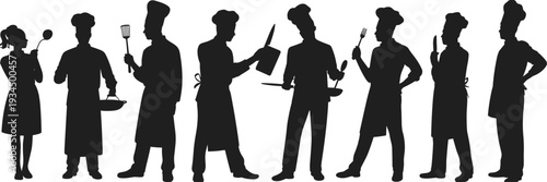 Chef silhouettes collection, professional cooks holding kitchen utensils vector set, isolated black culinary restaurant illustration bundle