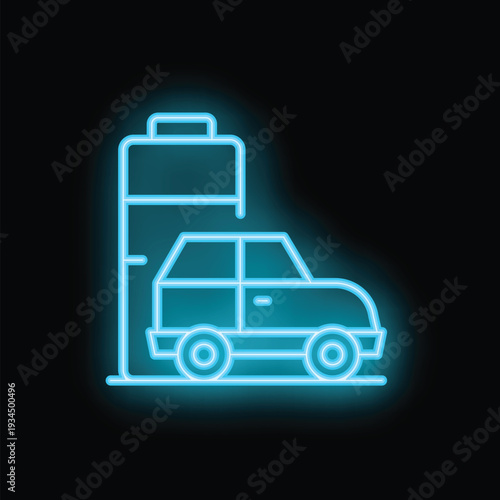 Blue neon icon representing an electric car being charged at a station, symbolizing eco friendly transportation