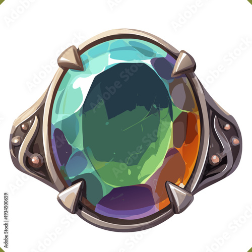Vector illustration of an art deco ring with black faceted gemstone and industrial metal setting, isolated on white background