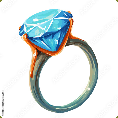 Vector illustration of a round blue gemstone ring with faceted crystal and decorative metal setting, top view, isolated on white background