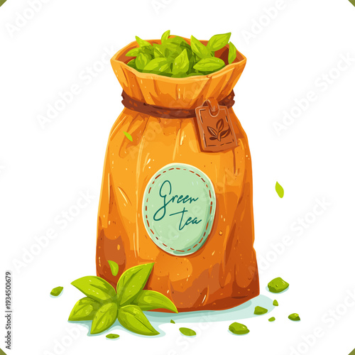 Vector illustration of matcha green tea powder in paper bag with label and leaves, isolated on white background