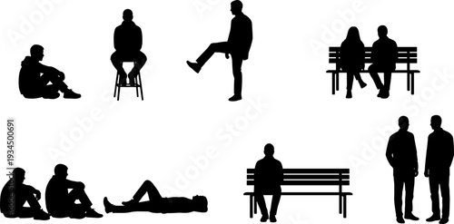 People sitting silhouettes collection, flat vector illustration of men on bench stool floor and standing isolated set