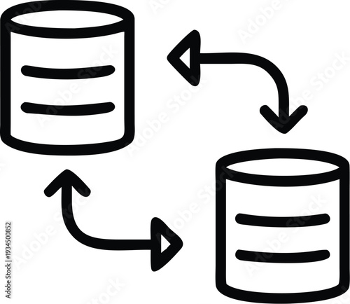 Database synchronization process between two servers shown as simple cylinders with arrows indicating data transfer and exchange in a circular motion