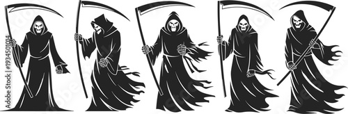 Grim reaper silhouettes collection, hooded death with scythe vector set, isolated black halloween horror illustration bundle