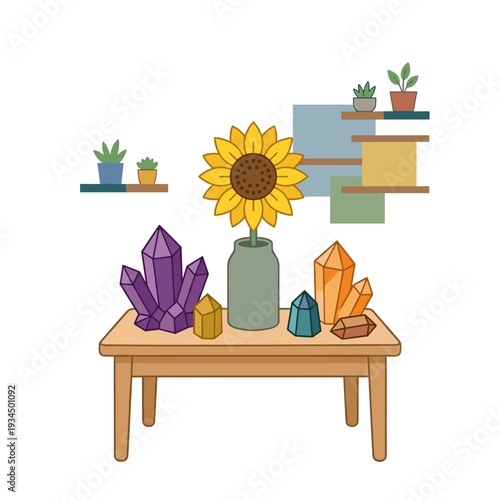 Sunflower in glass vase with colorful healing crystals on wooden table against minimal home interior background. Concept of spiritual decor and mindfulness atmosphere