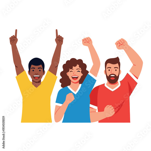 Diverse group of friends celebrating success, cheering with raised fists and arms up.