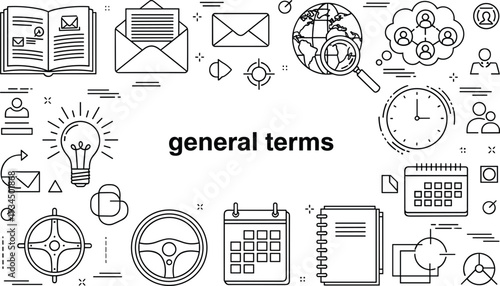 Collection of Line Art Icons Representing Business and Communication Concepts on White Background general terms