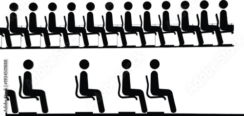 Flat vector stick figure illustration of people sitting in rows, compact arrangement, social distancing, seating capacity, minimal design, community art