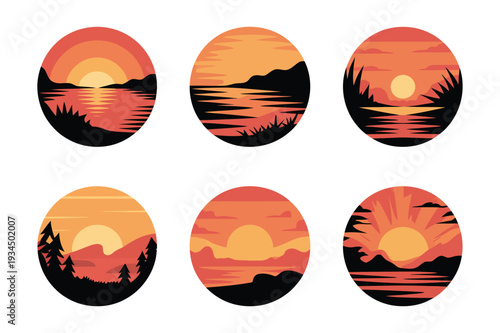 Sunset Over Calm Water: Minimalist Vector Landscape Collection