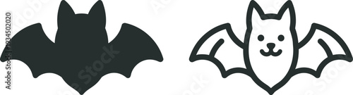 Cute Bat Silhouette and Kawaii Cartoon Bat with Smiling Face, Adorable Halloween Characters Side by Side, Black Outline Vector Illustration 