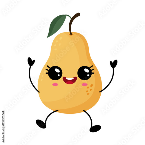 Kawaii pear character with smiling face, raised arms in joyful dance, leaf stem, rosy cheeks, isolated white background, flat illustration for sticker and healthy snack
