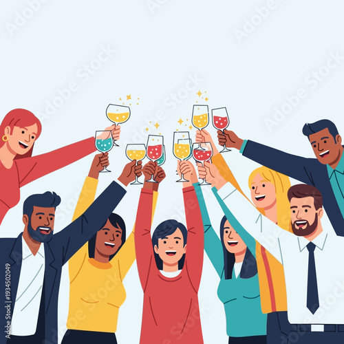 Diverse group of friends celebrating with champagne toast, happy people cheering at party