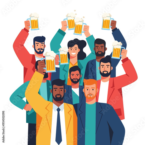 Diverse group of friends celebrating with beer, toasting and smiling